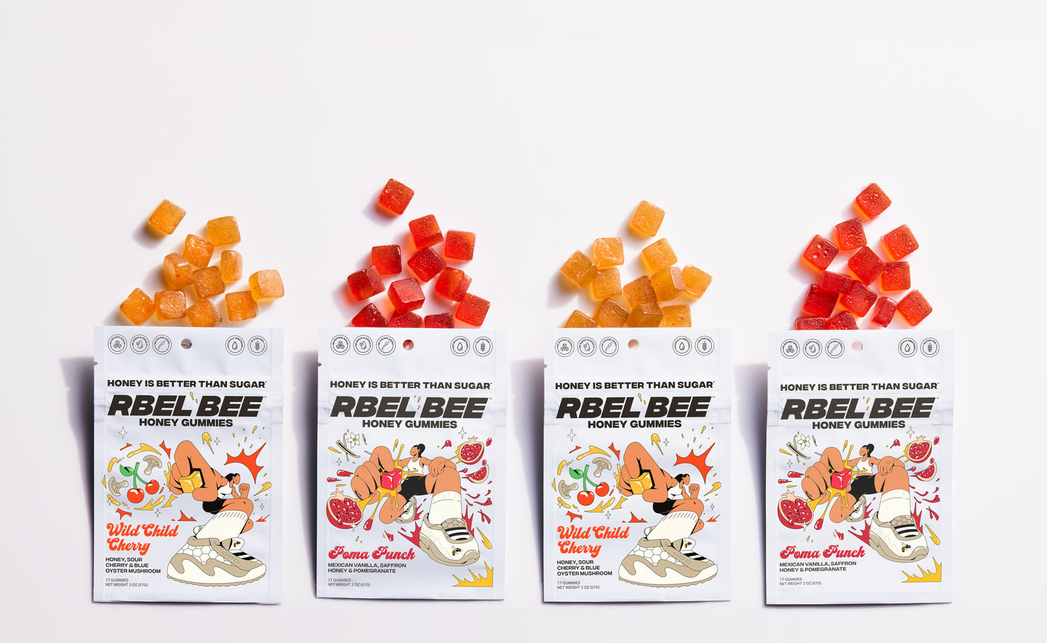 Bags of Rbel Bee Honey Gummies, opened.